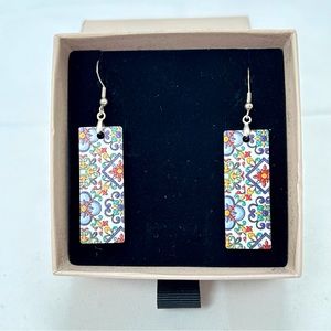 Victoria Cruz, Wood And Floral Paper Rectangular Dangly Earrings, Wires, NIB